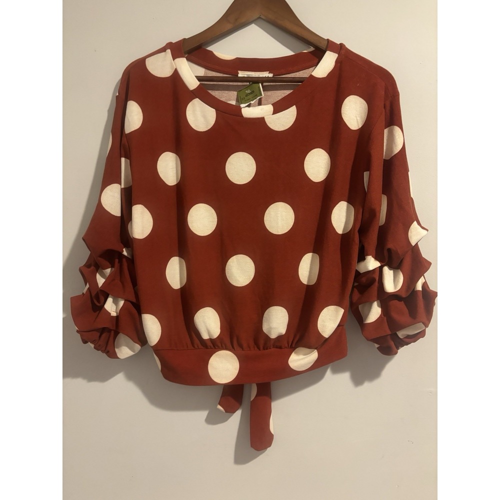 NEW Haute‎ Monde Women's Burnt Orange Polka-dot Crop Ruched Sleeve Top Sz M